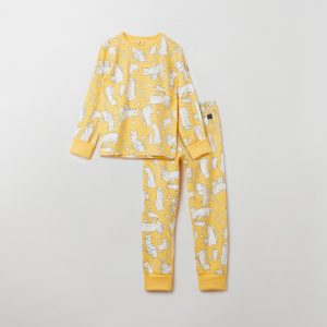 Tvådelad pyjamas med katt-tryck gul