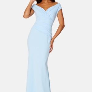 Goddiva Bardot Pleat Maxi Dress Powder Blue S (UK10)